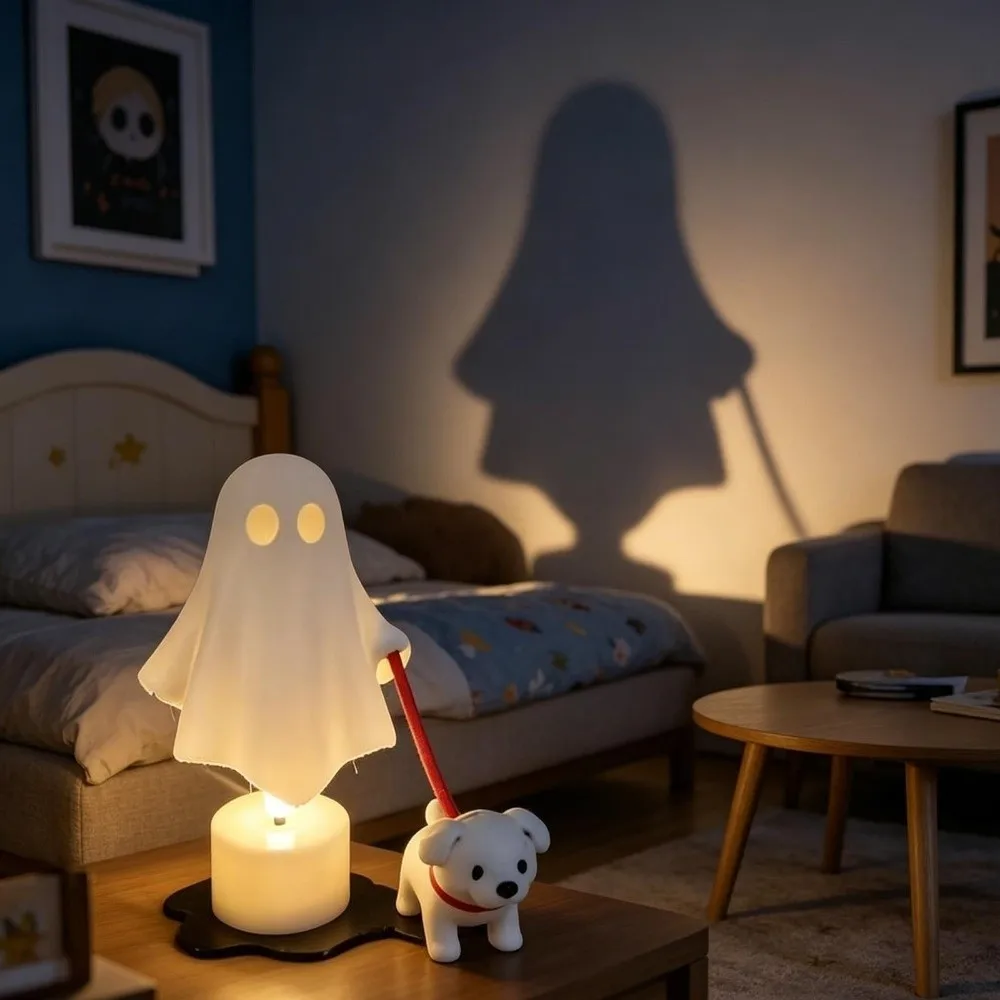 3D Printed Dog-Walking Ghost Decor Ornaments Creative Halloween Decorations Cute Funny Ghost LED Night Light Halloween Gifts