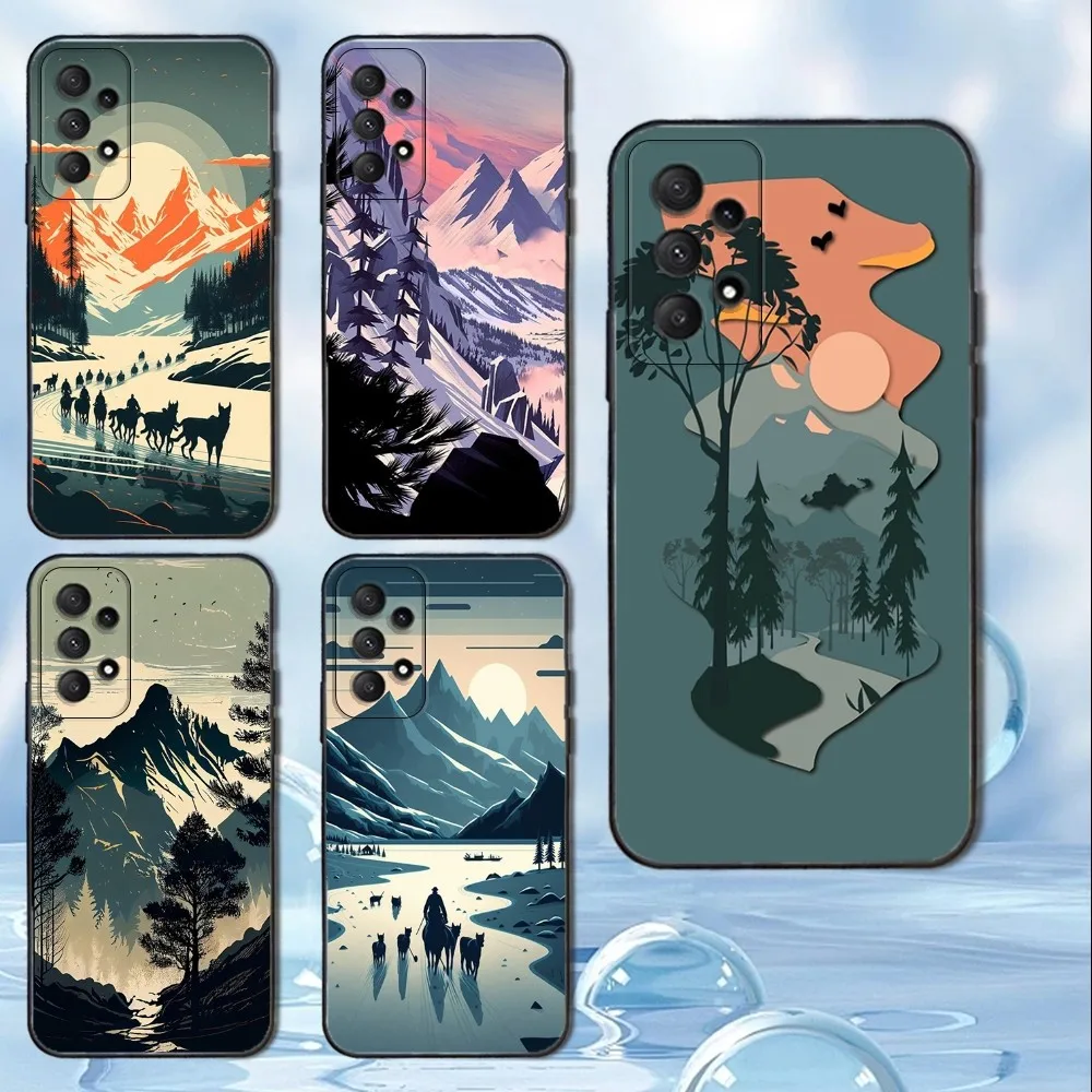 

Cartoon Mountain Painting Phone Case For Samsung Galaxy A13,A21s,A22,A31,A32,A52,A53,A71,A80,A91 Soft Black Cover