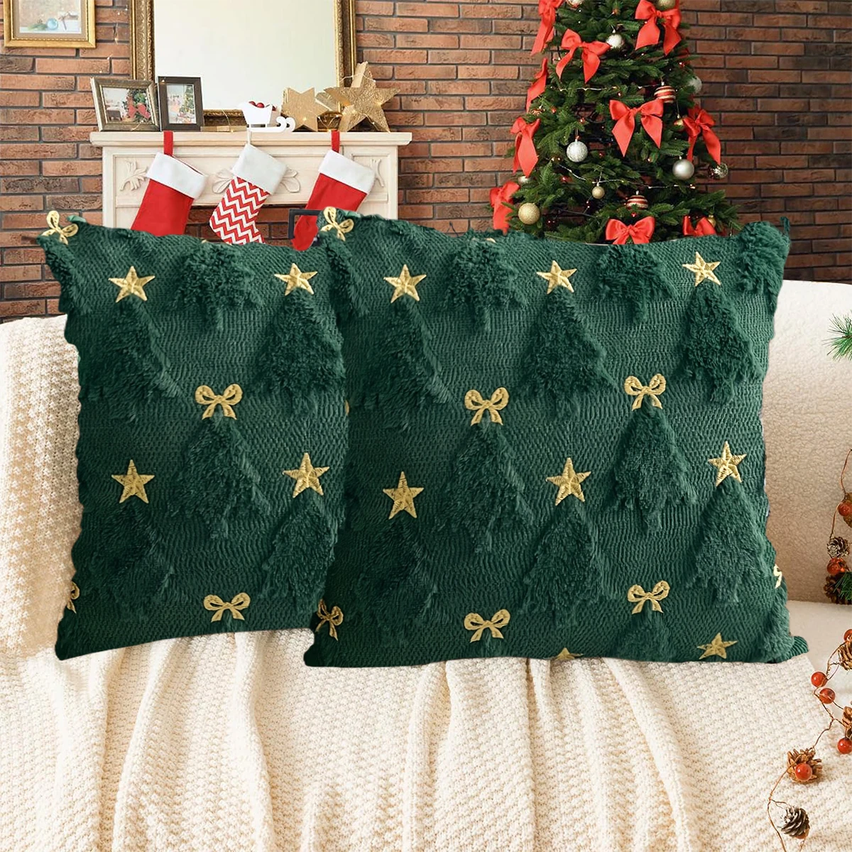 1 Stück 3D-Plüsch-Weihnachtsbaum-Kissenbezüge, Plüsch-Weihnachtsbaum-Kissenbezug mit goldenen Sternen und Schleifen-Design – 45,7 x 45,7 cm