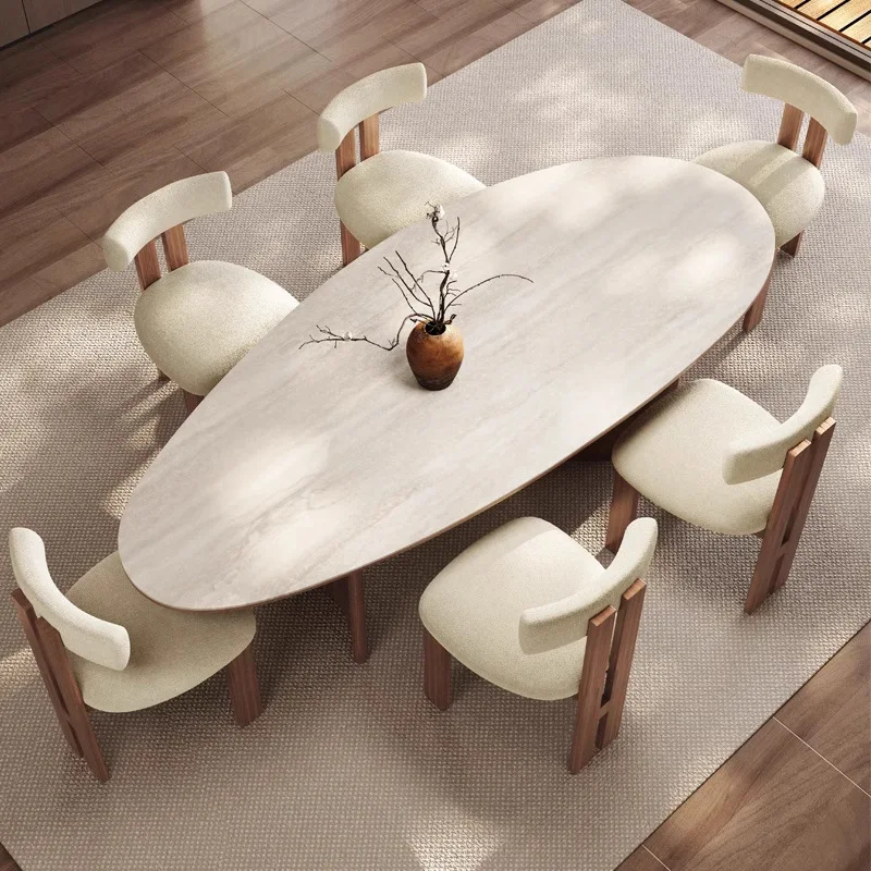French Style Modern Check 4-Seater Dining Table Set Light Black Oval Top Water Drop Shaped Cave Stone Slate Chairs Dining Room