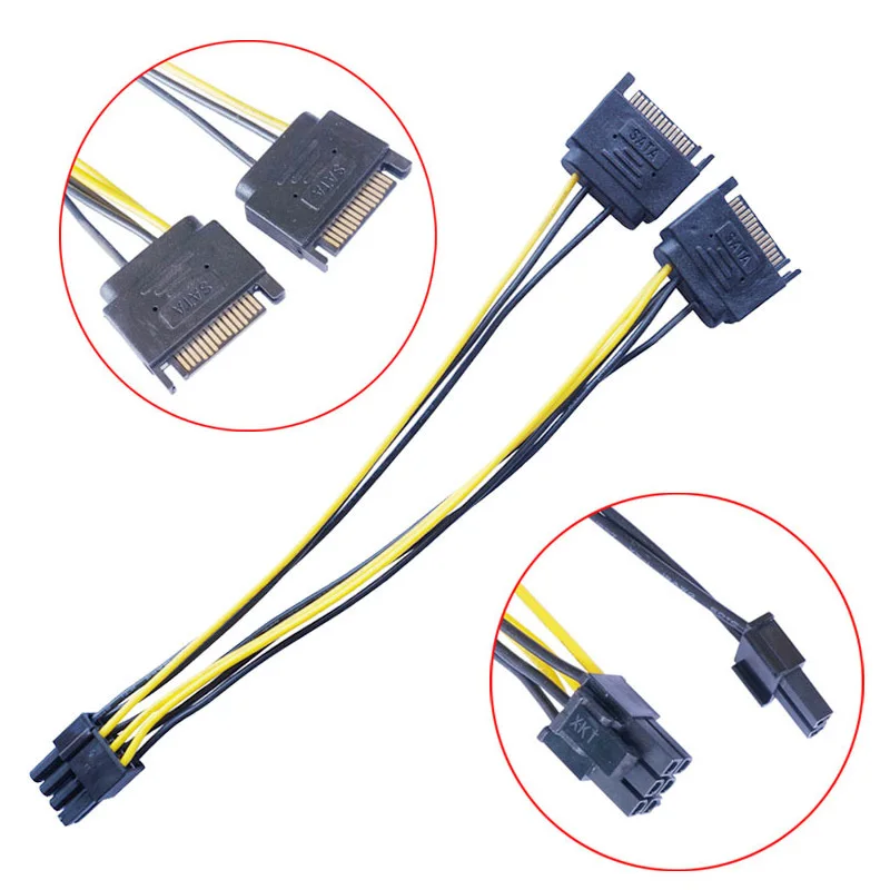 Dual SATA 15pin to 8pin(6+2) Video Card Powr Adapter Cable 20cm PCI-E SATA Power Supply Cable 15- pin to 8 pin cable