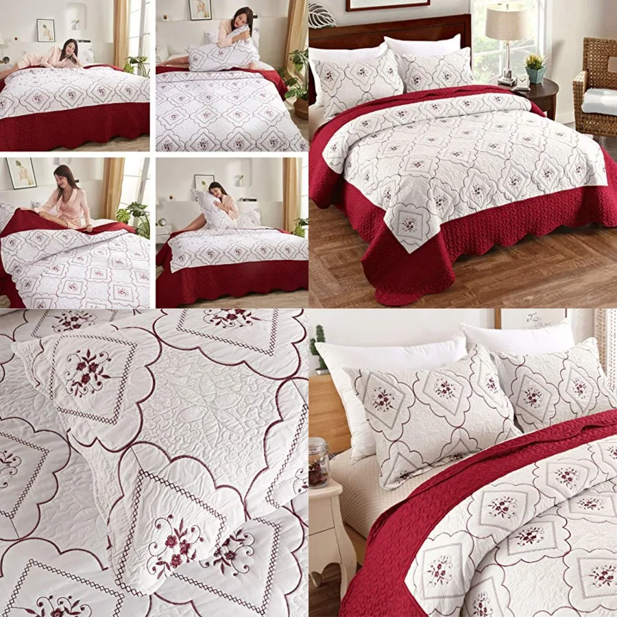 

3 Pcs Embroidered Quilt Full/Queen Size Floral Bedspread Soft Breathable Flower Coverlet Burgundy White Bed Cover Embroidered Bedding Christmas Bed Home Decor