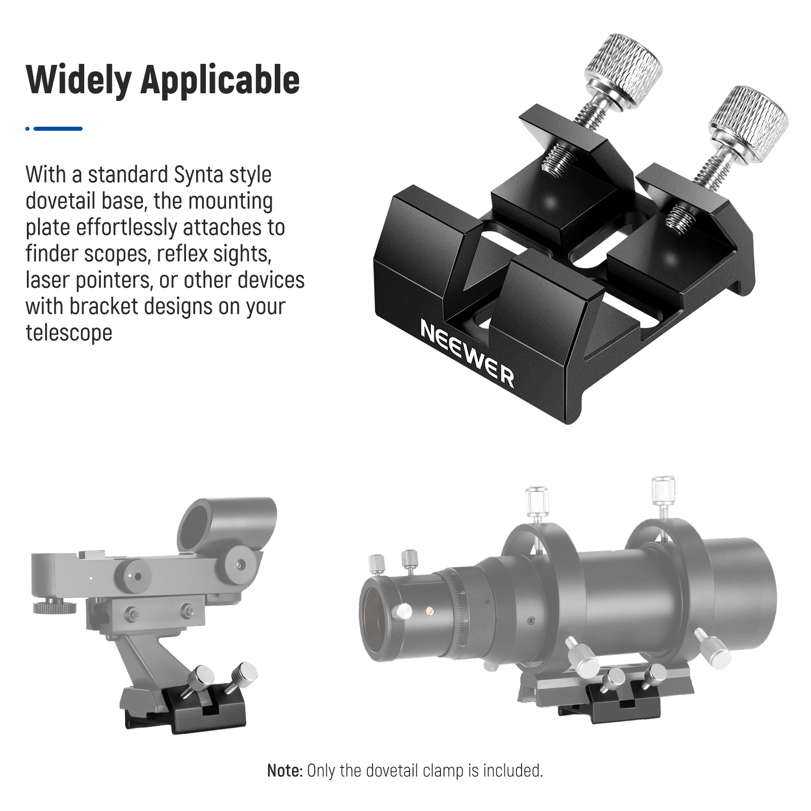 NEEWER Soporte universal para telescopio con base de cola de milano para puntero láser de alcance buscador, abrazadera de cola de milano con dos tornillos de pulgar, tornillos M5/M4