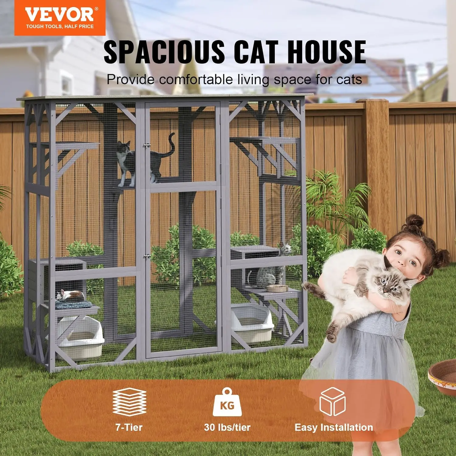 VEVOR Cat Cage Condo Catio Outdoor/Indoor Cat Enclosure,Wooden Cat House with 5 Platforms, 7-Tier Pet Playpen with 2 Resting Box