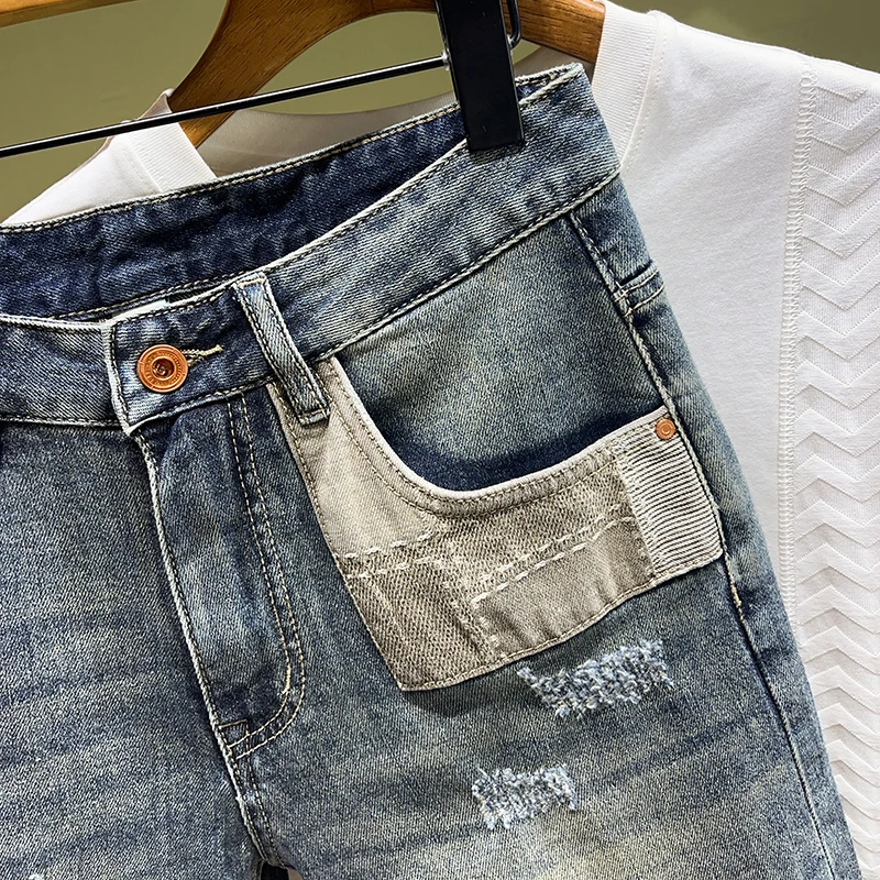 Street Fashion Men Jeans Summer Designer Retro Blue Stretch Slim Fit Ripped Short Jeans Hombre Patched Hip Hop Denim Shorts Men