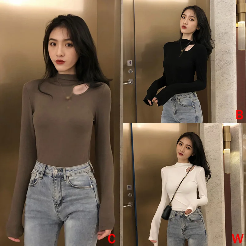 Sexy Spring And Autumn Solid Color Half-High Neck Cutout Slim Long Sleeve T-Shirt Fashion Versatile Base Layer Top