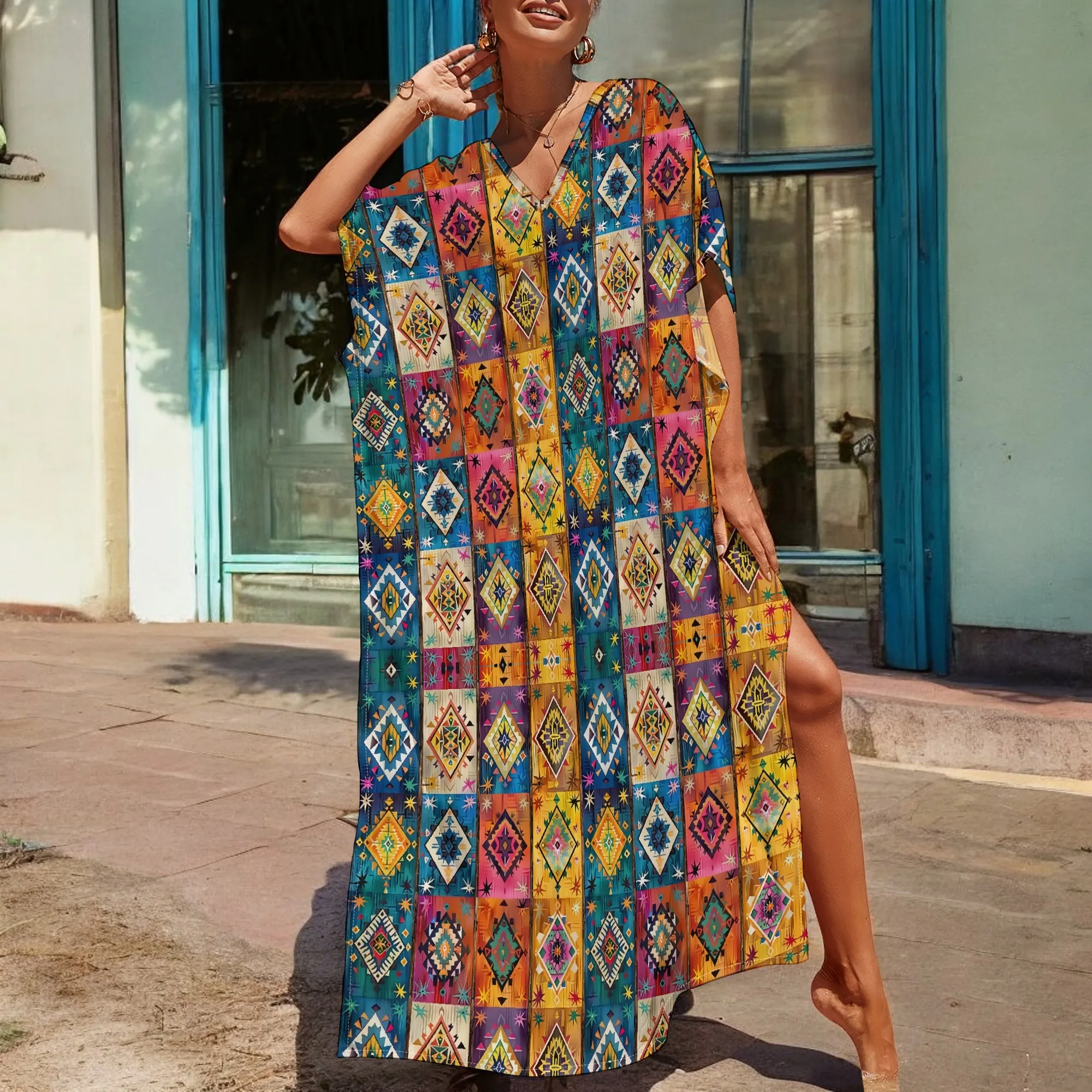 

Boho Geometric Graphics Maxi Dress Short Sleeve V Neck Casual Loose Long Beach Split Dresses