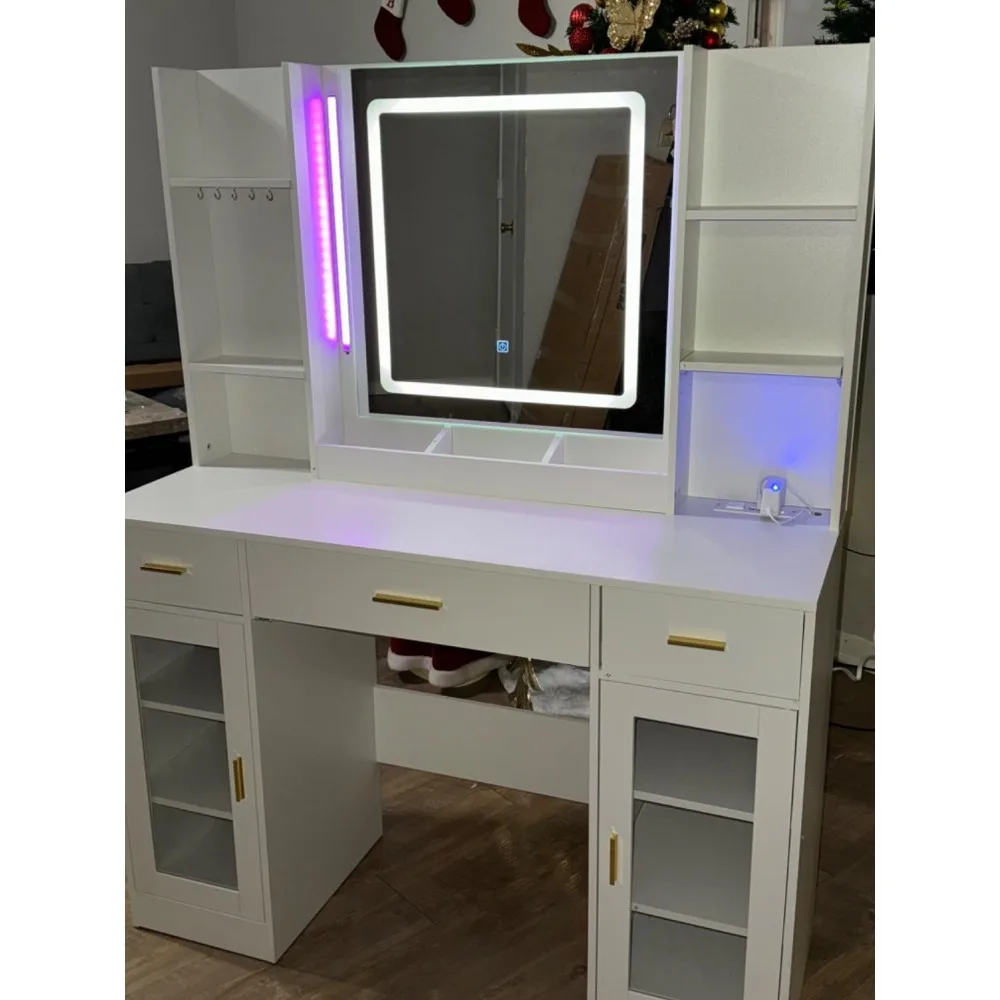 

43.3" Large White Makeup Vanity Desk Set – Bedroom Vanity with 3-Color Lights, Mirror, RGB Strip & Power Strip, 3 Drawers