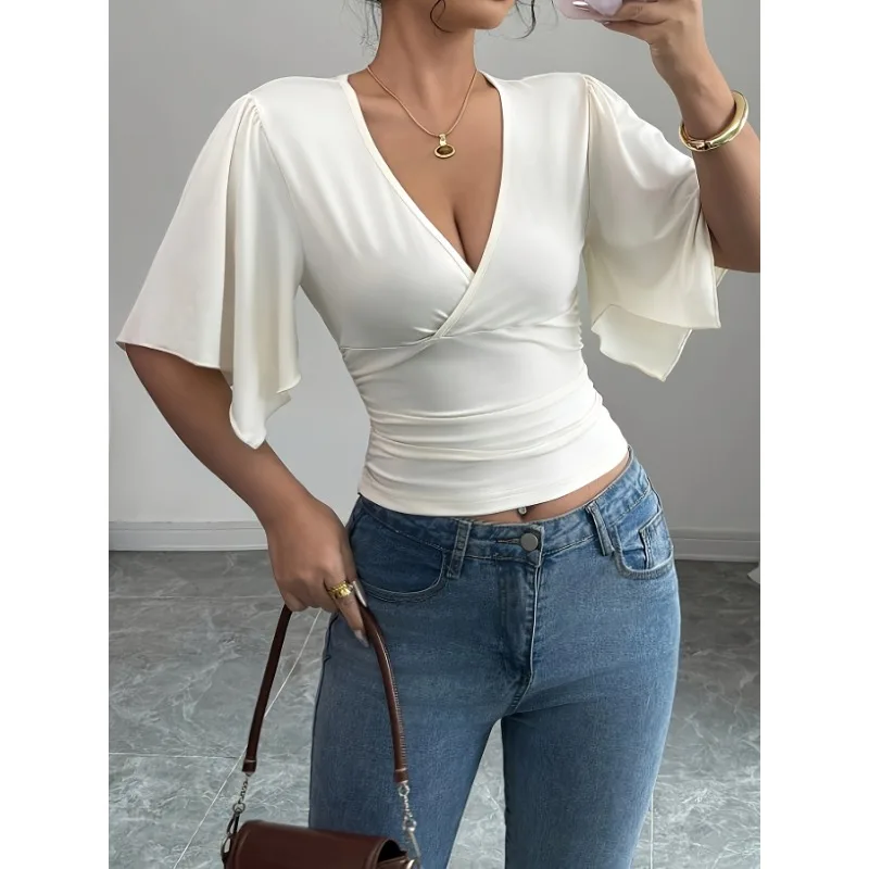 

Women's elegant deep V-neck pleated chest short-sleeved T-shirt - slim casual top with flared sleeves