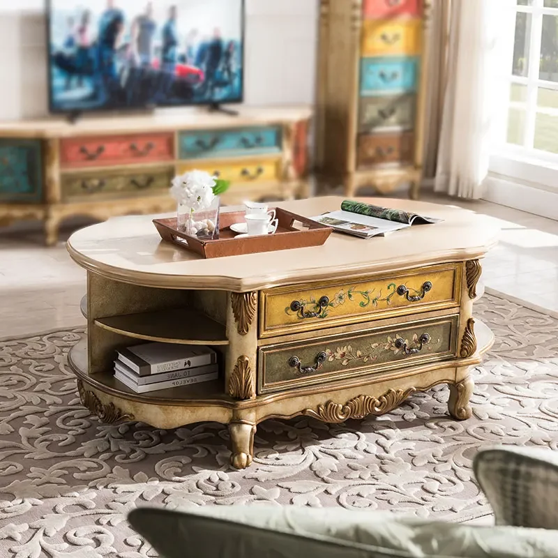 

Home Solid Wood Coffee Table Living Room Tea Table Long Large Capacity Oval with Drawer Tea Table Table Storage