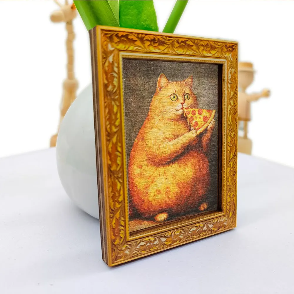 Lustiger, molliger orangefarbener Katzen-Kühlschrankmagnet mit Pizza-Motiv, gerahmte Vintage-Magnetkunst für Küche, Kühlschrank und Heimdekoration – Detail 6