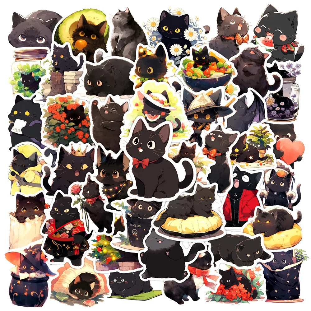10/30/50PCS Cute Cartoon Black Cat Graffiti Stickers Kawaii Cat Cartoon Decal Notebook Phone Guitar  Fridge Waterproof Sticker