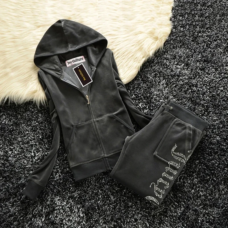 JC Tracksuit Women Velvet Women's Brand Velour Sewing Suit Women Track Suit Hoodies And Pants Sets JC couture with rheinstone image 3