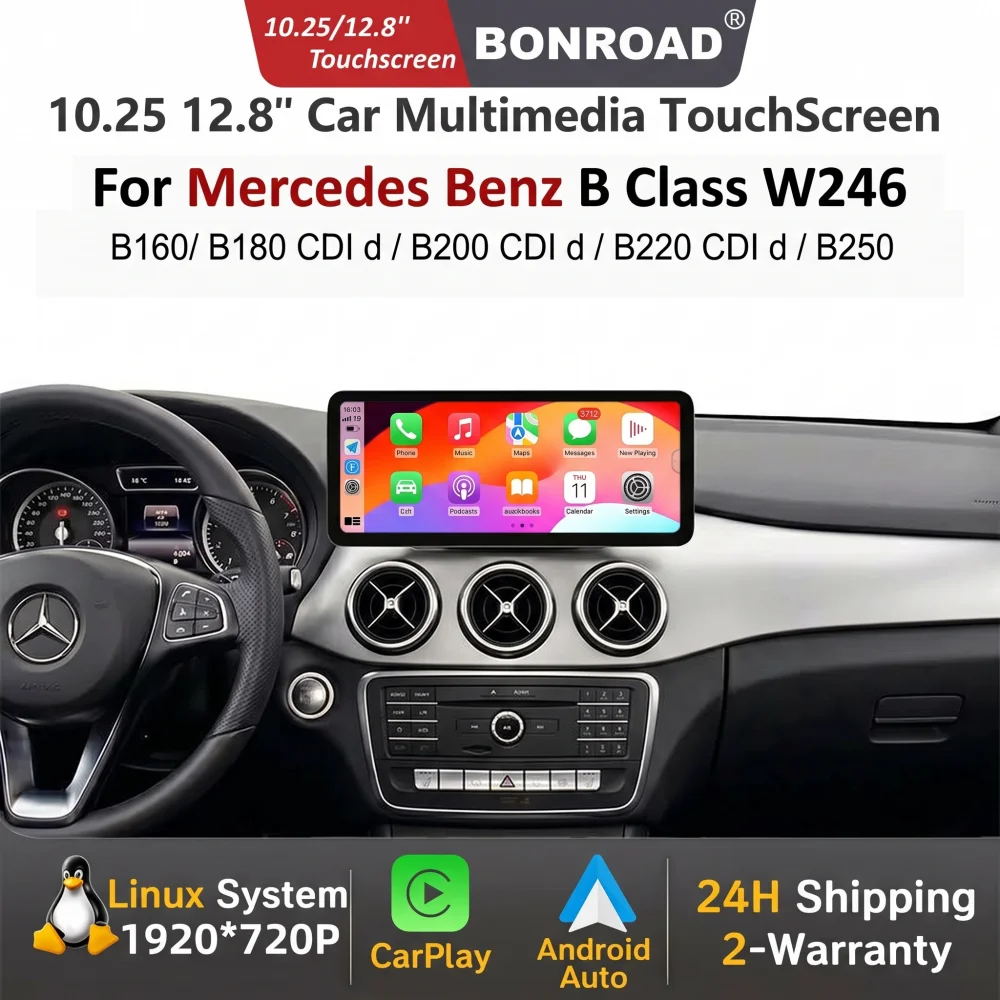 BONROAD Schermo Touch Multimediale 10.25/12.8'' per Mercedes Benz Classe B W245 W246 2011-2018 con CarPlay Wireless, Android Auto, Navigazione GPS, WIFI e Radio per Auto