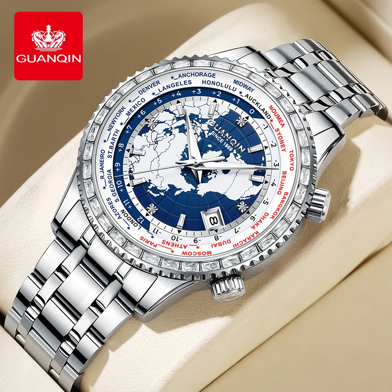 GUANQIN Premium Men's Watches Automatic Mechanical Luxury Steel Strap Wristwatch Fashion Casual Original Brands Time Zone Clock