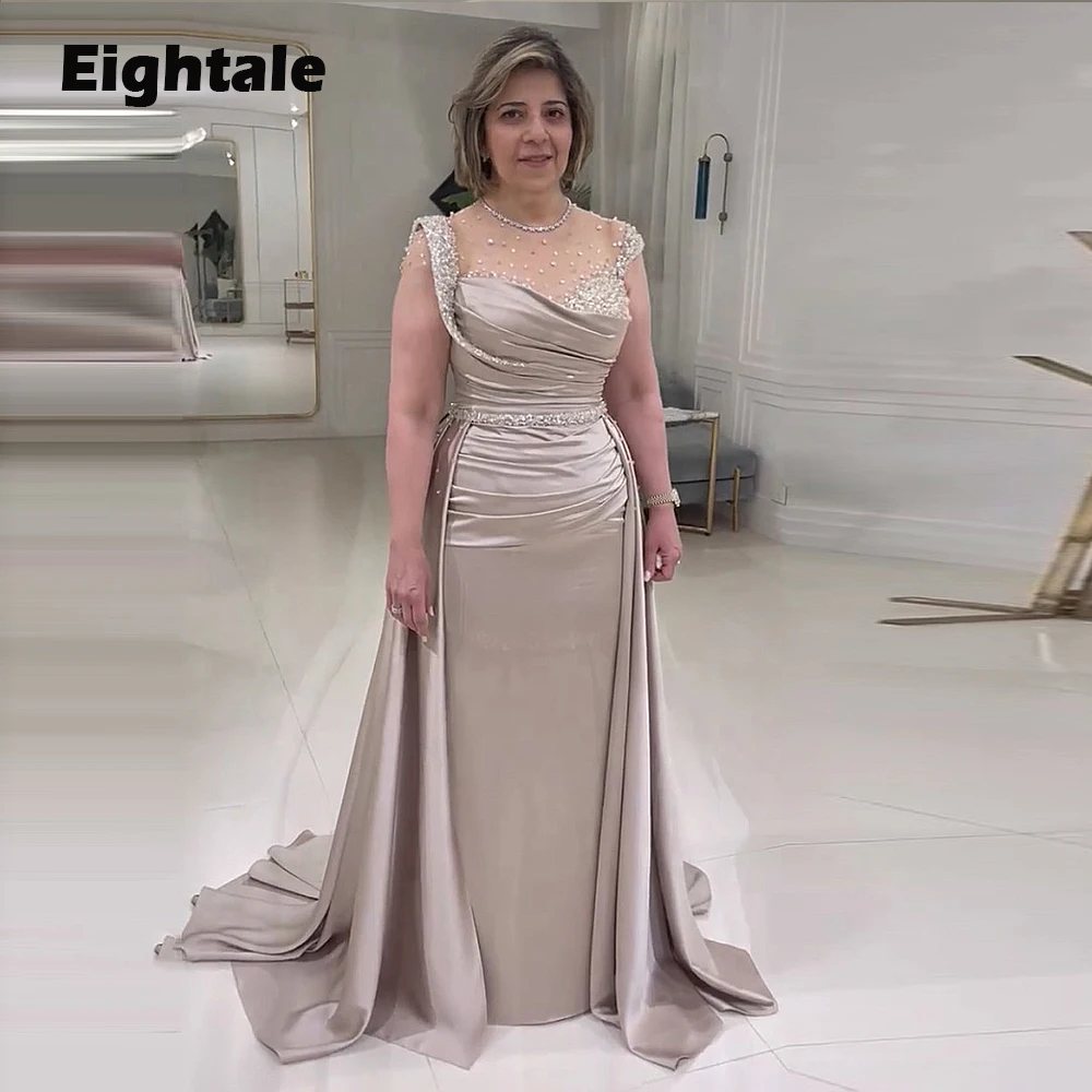 Eightale Champagne Evening Dress for Wedding Party Luxury Mother of the Bride Beaded Satin Customized Dubai Arabic Prom Gowns