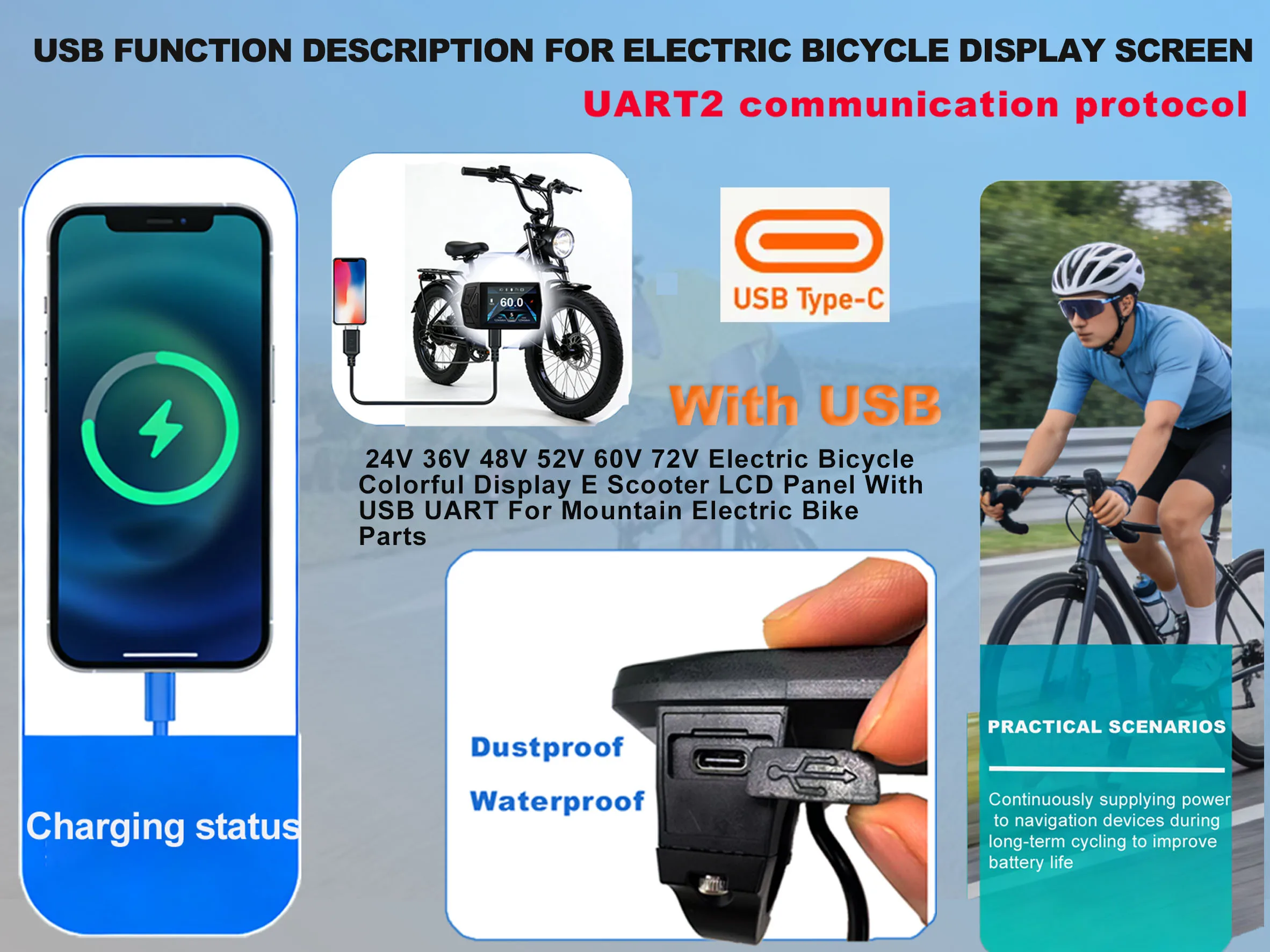 Electric Bicycle T24 LCD Display Screen  24V-72V SM/WP for UART 2 Communication Protocol Controller view 5