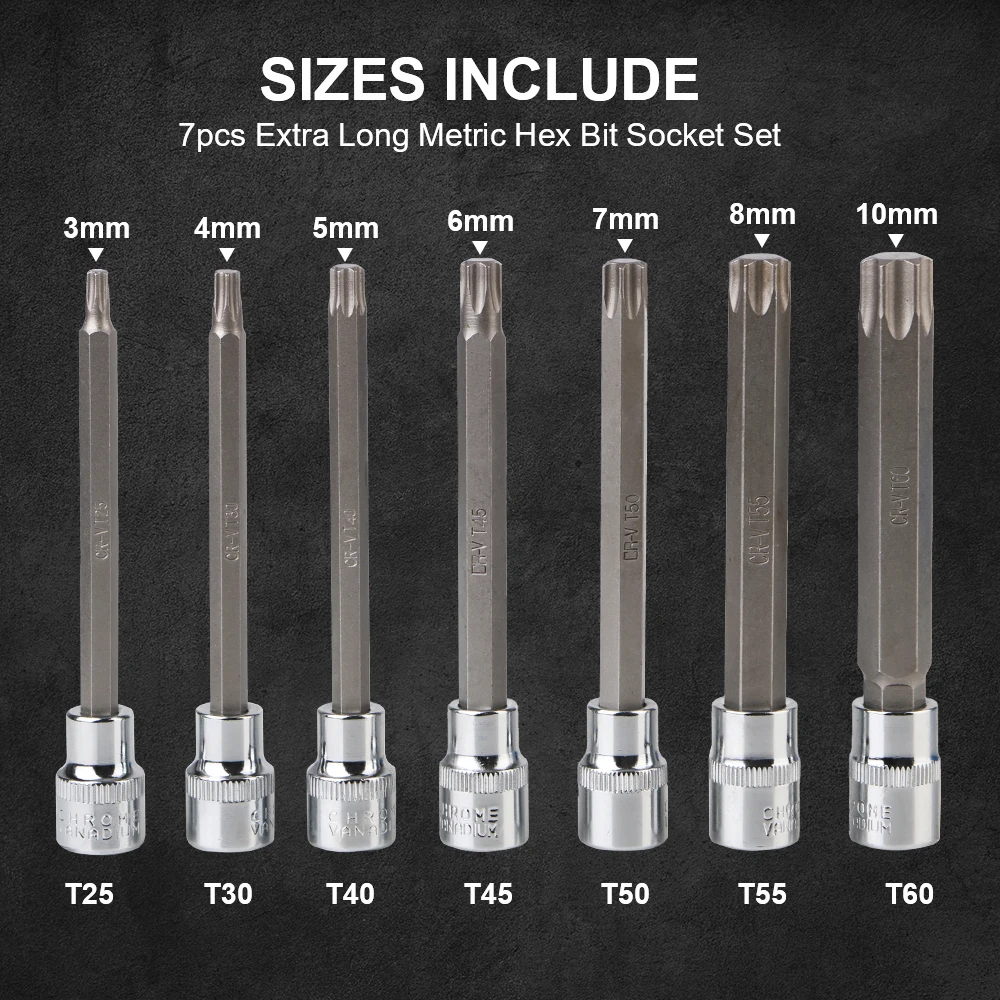 7Pcs Car Removal Tools Torx Bit Socket Wrench Set CRV Steel Extra Long T25, T30, T40, T45, T50, T55, T60 Adapter 3/8inch Drive view 3