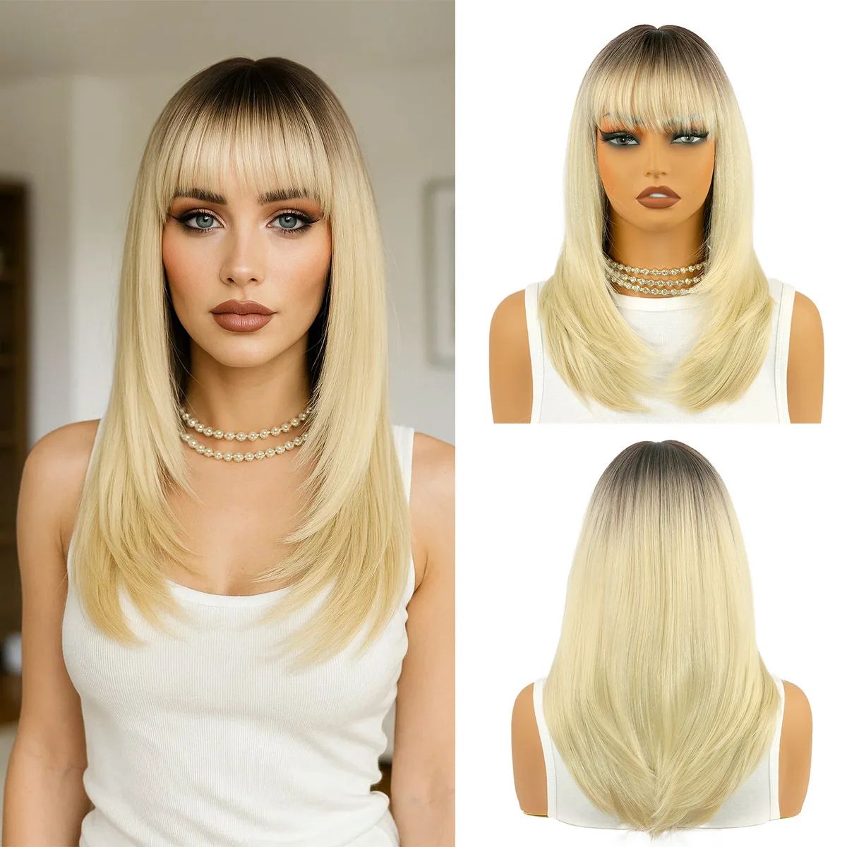 女性用ホワイトブロンド合成ウィッグ ストレートレイヤードナチュラルヘアウィッグ 前髪付き 耐熱ウィッグ 日常コスプレ用