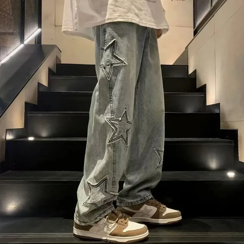 جينز مستقيم مطرز على شكل نجمة للرجال غير رسمي Y2K على الطراز القوطي للجنسين بنطال فضفاض واسع الساق مريح ملابس الشارع جينز أنيق للشباب #3
