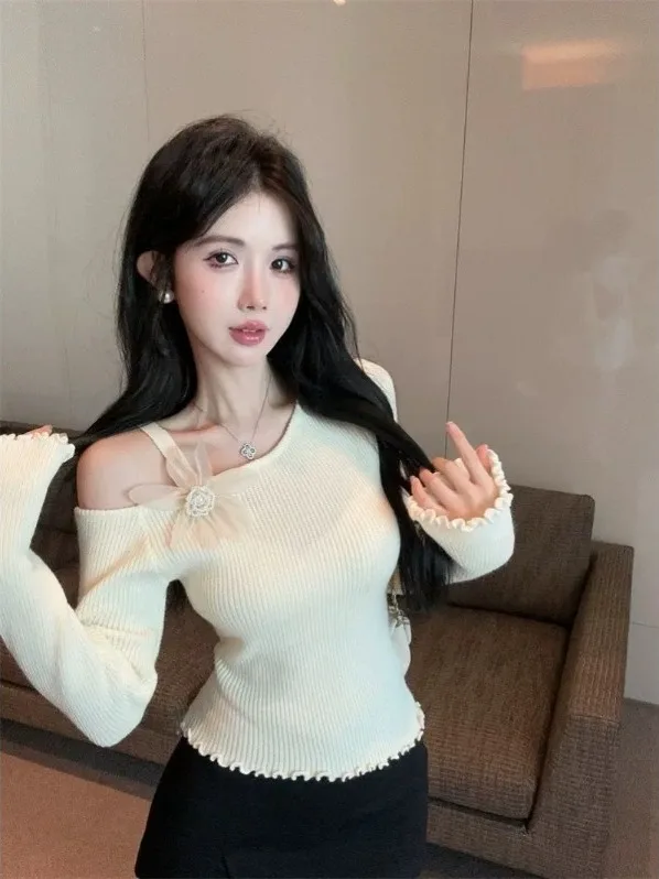 

Ele Knitted Sweater Irregular Asymmetrical oulder Bared Long Sve Sexy Slim Fit Casual Cotton Polyester Blend