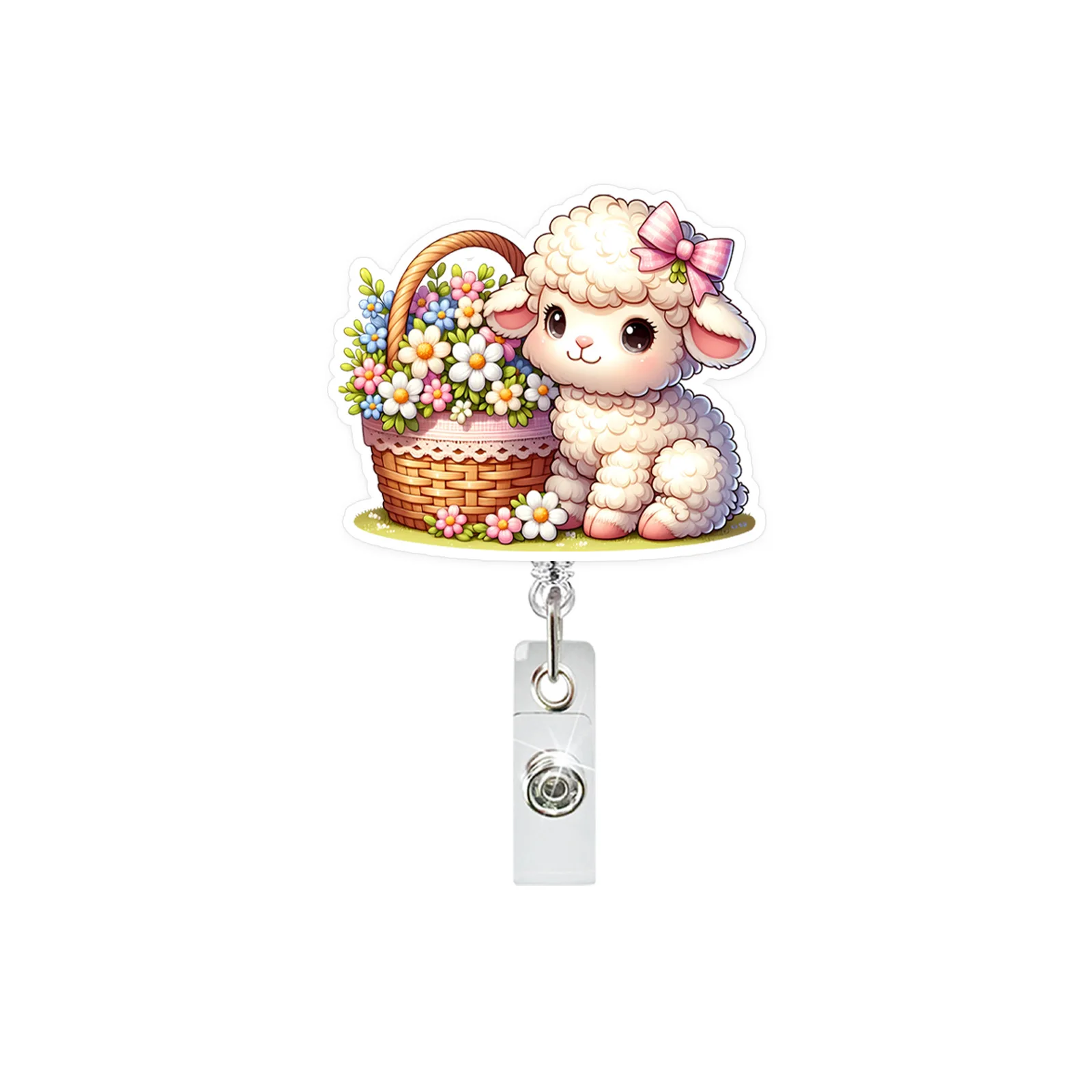 Portatarjetas retráctil con flor de cordero acrílica de Pascua, carrete de insignia para enfermera, médico, estudiante, profesor, oficina, escuela, regalo de Pascua