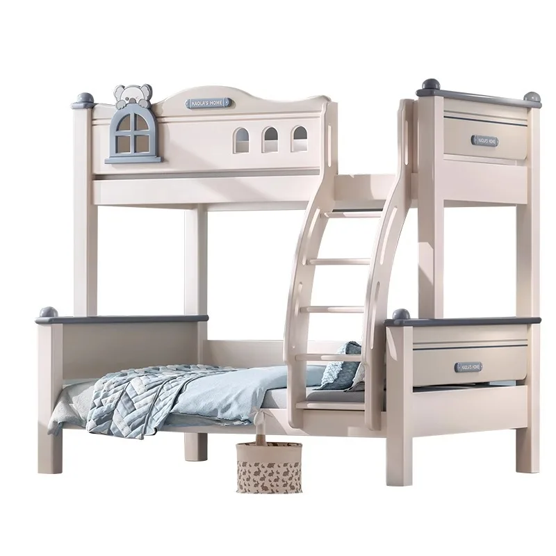 White solid wood upper and lower  High and low  Upper and lower bunk beds Simple small apartment children's beds
