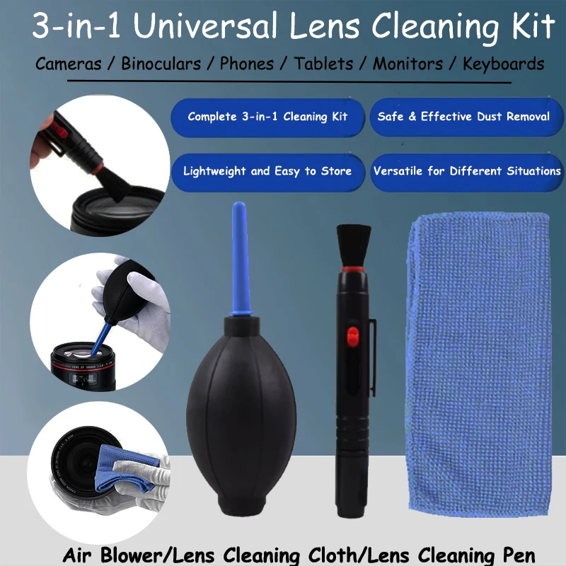 

3-in-1 Lens Cleaner Kit Set Cleaning Cloth, Lens Pen, Air Blower for DSLR Camera,Binocular , Keyboard, Phone,Telescope,Eyepiece