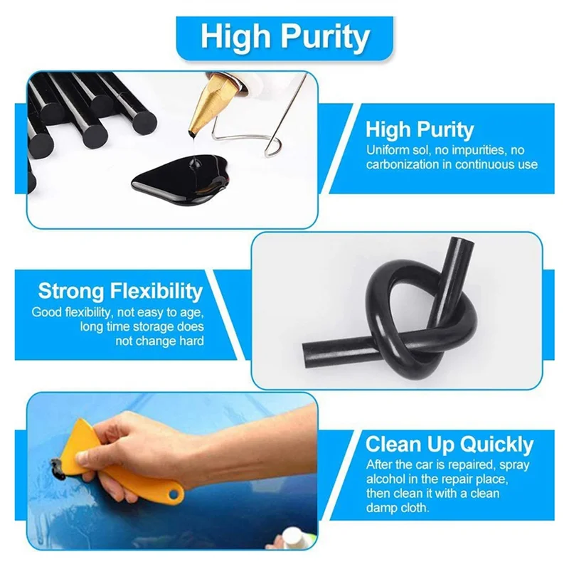 150 قطعة من أعواد الغراء الساخن، 270 × 11 مم أعواد صمغ يسيح بالحرارة باللون الأسود لمشاريع إصلاح دنت جسم السيارة والحرف اليدوية