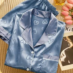 Women's Pajamas Sets Spring Autumn 2 Piece Heart Print Pyjama Faux Silk Satin Sleepwear Short Sleeve Pijama Mujer Pjs Homewear