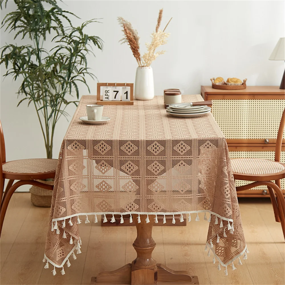 1Pcs Hollow Out Anti Slip Lace Dustproof Dining Table Cloth With Tassel Retro Rectangle Tablecloth Dining Room Table Decor