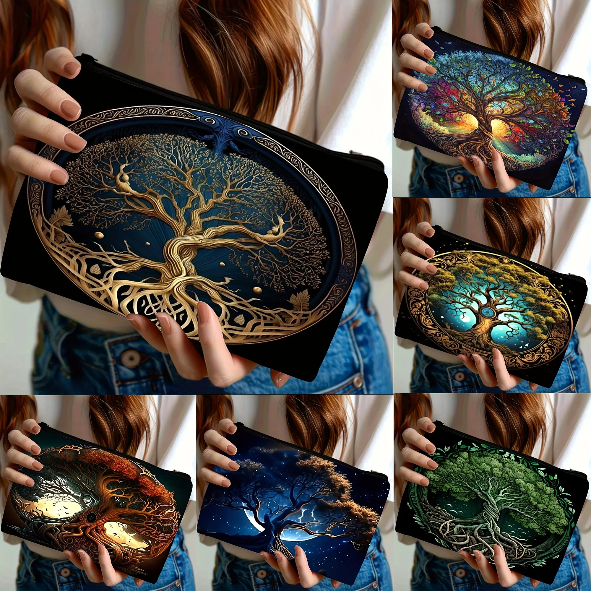 1 Stück Make-up-Tasche „Baum des Lebens“ – künstlerische kosmische und natürliche Designs, leichter Reise-Kosmetik-Organizer mit sicherem Reißverschluss
