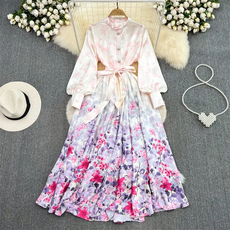 

2023 Spring Autumn Retro Temperament Lantern Long Sleeve Stand Neck Slim Single Breast Print A-Line Lady Elegant Maxi Dress Z216