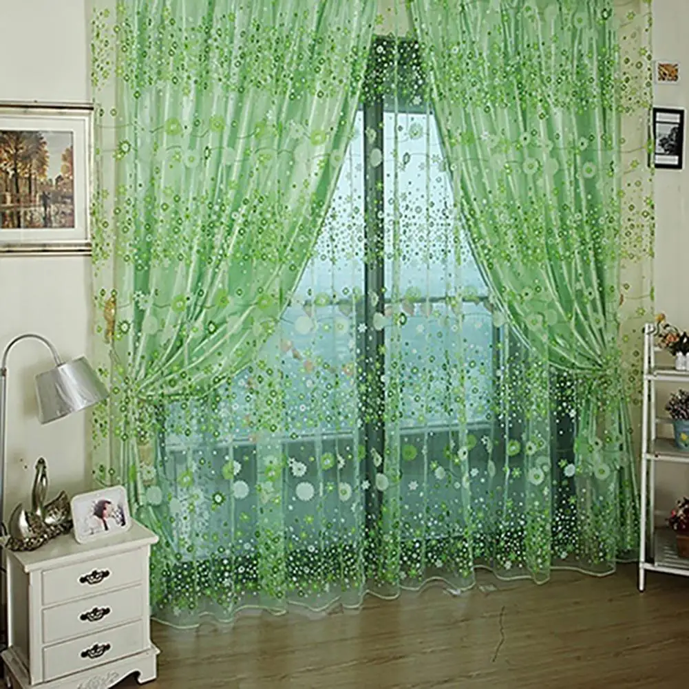 Cortina de janela padrão floral para porta, Sheer Window Screening, Painel de Tule Transparente, Varanda Valance, 200x100cm