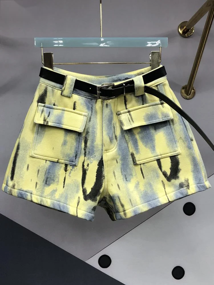 Streetwear Yellow Tie Dye Denim Shorts For Women Fashion Pockets Loose All-match Short Jeans Female 2023 Summer New Trend Y923