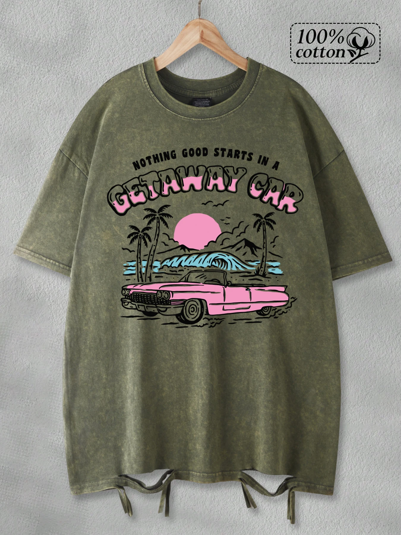 

Nothing Good Starts In A Getaway Gar Print Men Washed Holes T-Shirt Crewneck Casual T Shirt Summer Soft Clothes Cotton Loose Top