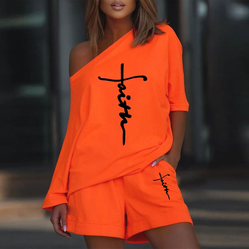 Frauen sexy Schräg kragen lose 2 Stück Set eleg 2022 Sommer Schulter frei T-Shirts + Shorts Anzug Dame trend ige Sweatshirt Hosen Set