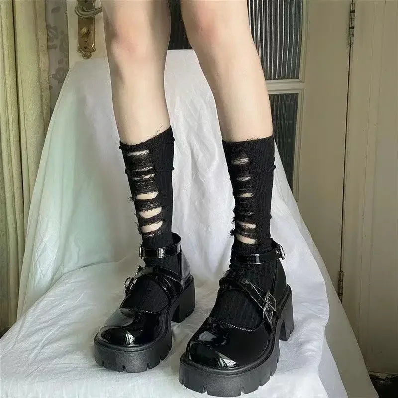 Gothic Ripped Mid Tube Socks Hand Cut Pile Pile Socks Knitted Socks Y2k Hot GirlWomen Punk Harajuku Clothing Accessories