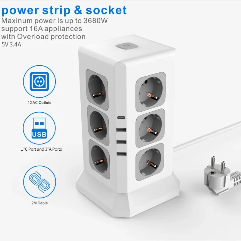 EU Tower Table Power Sockets 16A 12 Outlets 4 USB 5V 3.4A 4000W AC 110V 220V Black Tomada Usb Home Office Power Strip Socket