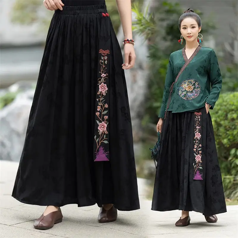 

2024 Spring And Autumn Satin Jacquard Skirt Ethnic Style Retro Embroidered A-Line Elastic Waist Large Swing Long Skirt Z4345