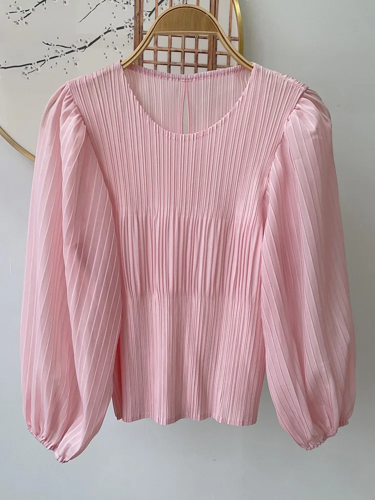 GVUW Pleated Round Collar T Shirt Women Solid Color Versatile Casual Summer Female New 2024 Elegant Lady Clothing 17G6424