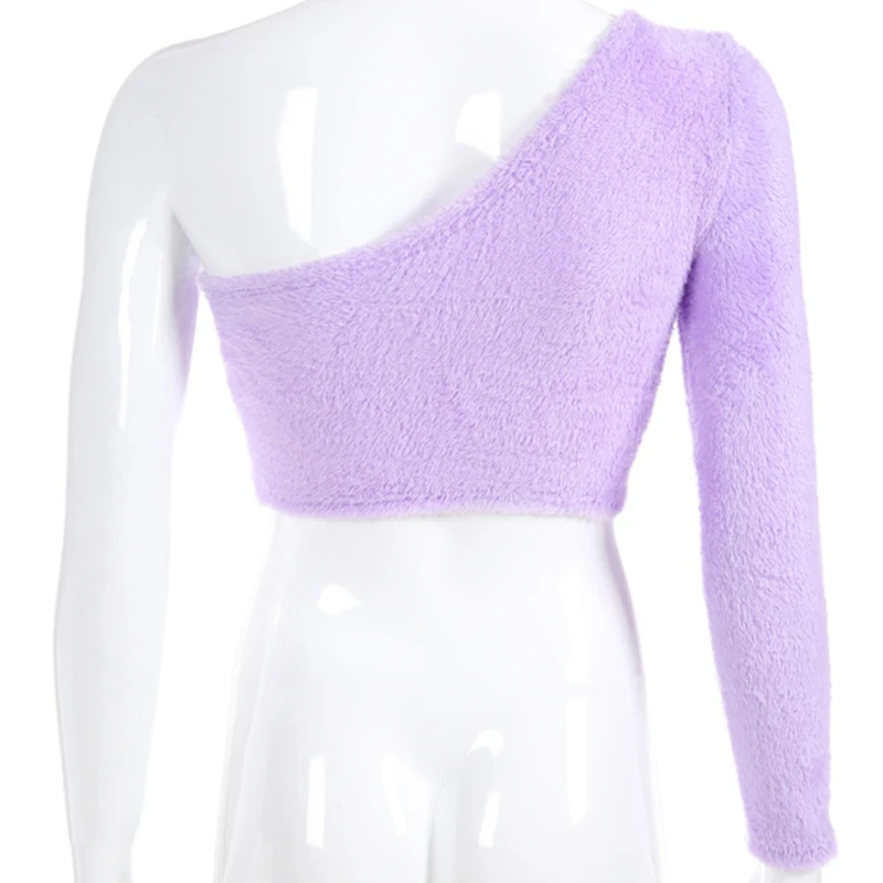 Sexy Women Lavender One Shoulder Long Sleeve Fluffy Crop Top Autumn Winter Slopping Shoulder Faux Fur Short Club T-shirt Top