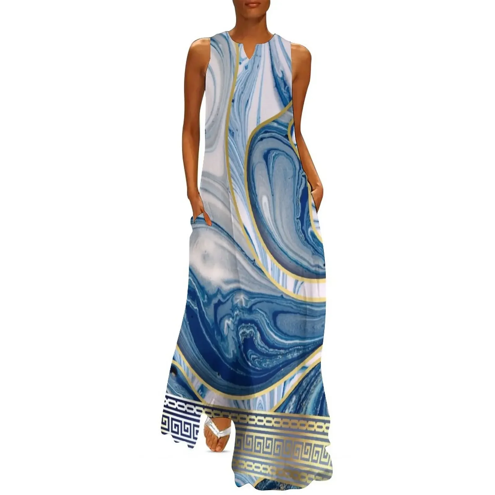 

Greek Key Ornate White Blue Gold Marble Pattern Long Dress summer clothes women's fashion dresses Dress