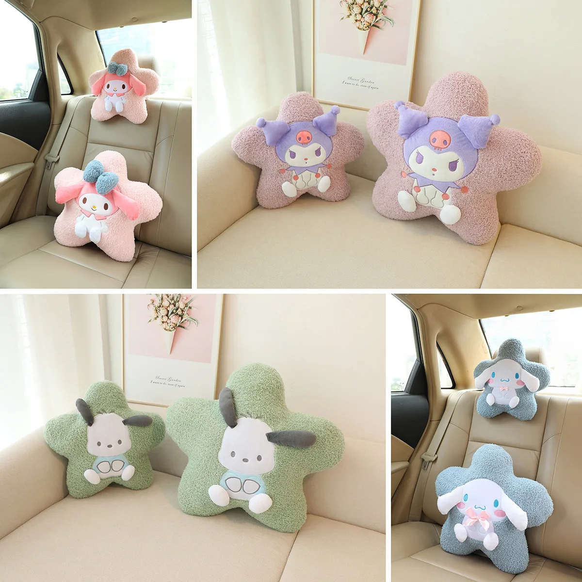 Sanrio Cartoon Car Headrest Neck Pillow Kuromi My Melody Universal Seat Lumbar Safety Belt Cover Auto Interior Accessories