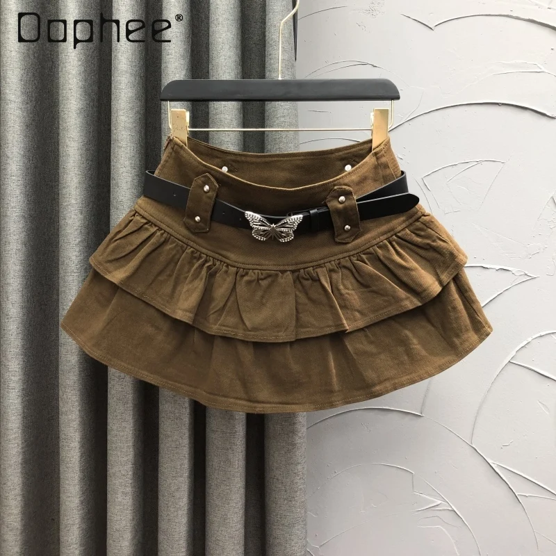 

Brown High Waist Denim Skirt 2024 Summer Fashion Ruffle Tiered A Line Butterfly Belt Mini Skirt Harajuku Y2k Retro Black