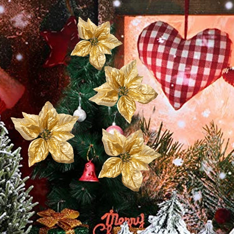 15 Stück künstliche Blumen, goldfarben, für Hochzeits-Scrapbooking, Handarbeiten, Heim- und Raumdekoration, Weihnachtsbaumgirlande, für den Außenbereich, DIY-Geschenk, Süßigkeitenbox. – Detail 9