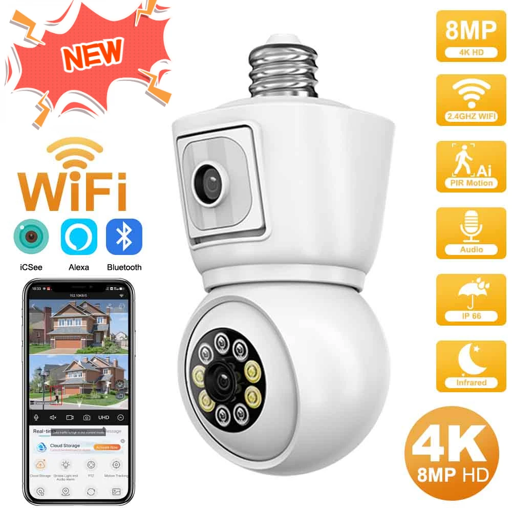 4K 8MP WiFi Camera E27 Bulb Dual Lens Dual Screen Auto Tracking Two Way Audio Color Night Vision Outdoor Security Camera ICSEE