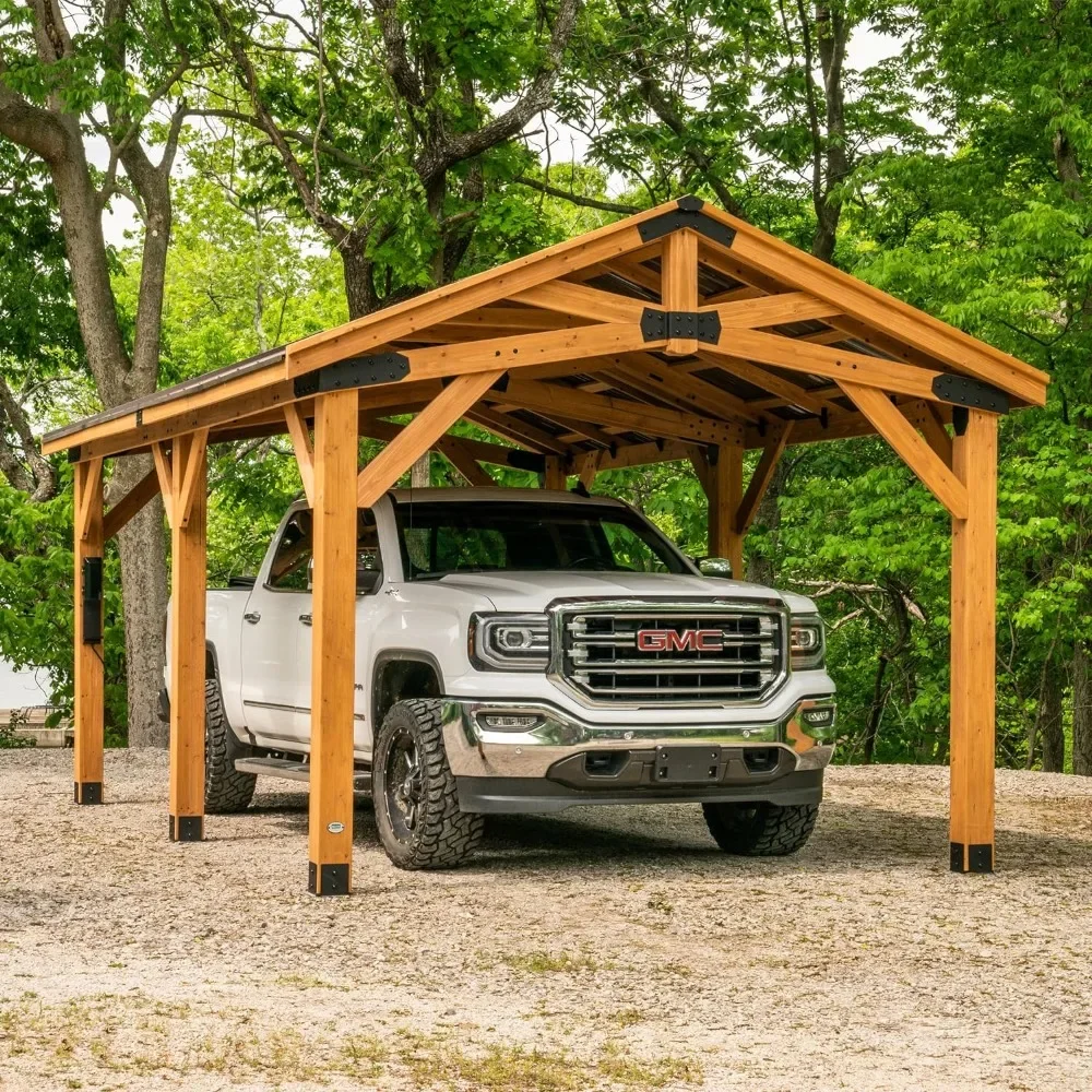 Norwood 20 Ft. X 12 Ft. All Cedar Wooden Carport Pavilion Gazebo with Hard Top Steel Roof Light Brown