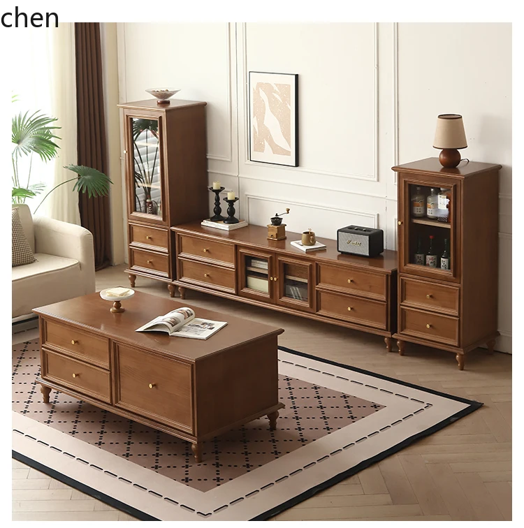HT Solid Wood Coffee Table Retro Complete Furniture TV Cabinet Coffee Table Set Floor Cabinet