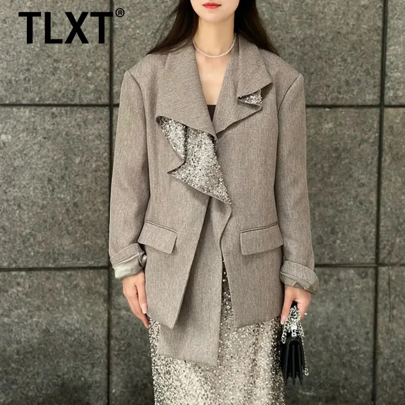 

TLXT Fashion Khaki Ribbon Blazer Women's Sequnied Lapel Loose Covered Button Long Sleeves Suit Jacket 2025 Autumn New XK1468